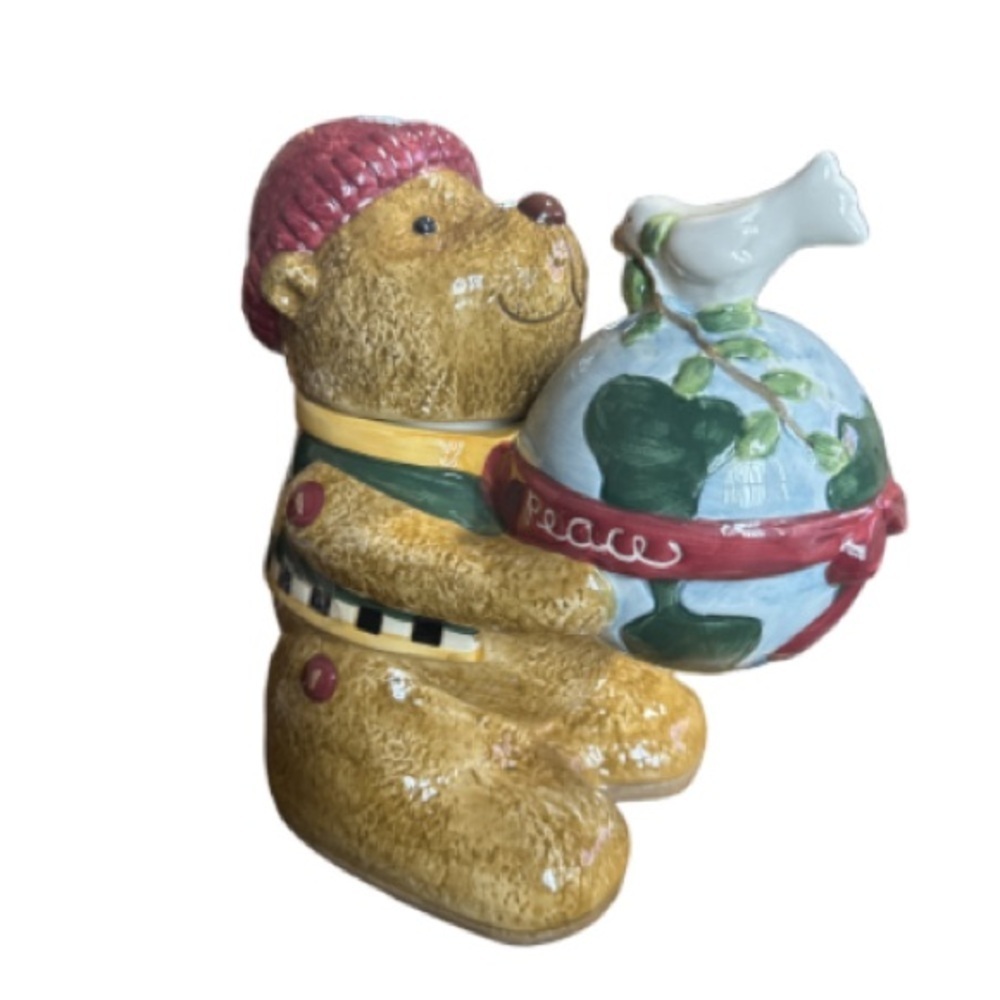 Debbie Mumm Bear cookie jar  with peace Globe and Dove